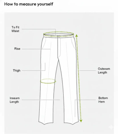 Illustration showing how to measure waist, rise, inseam and outseam for blue office trousers