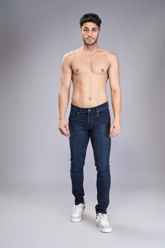 man wearing dark blue denim jeans regular fit front angle
