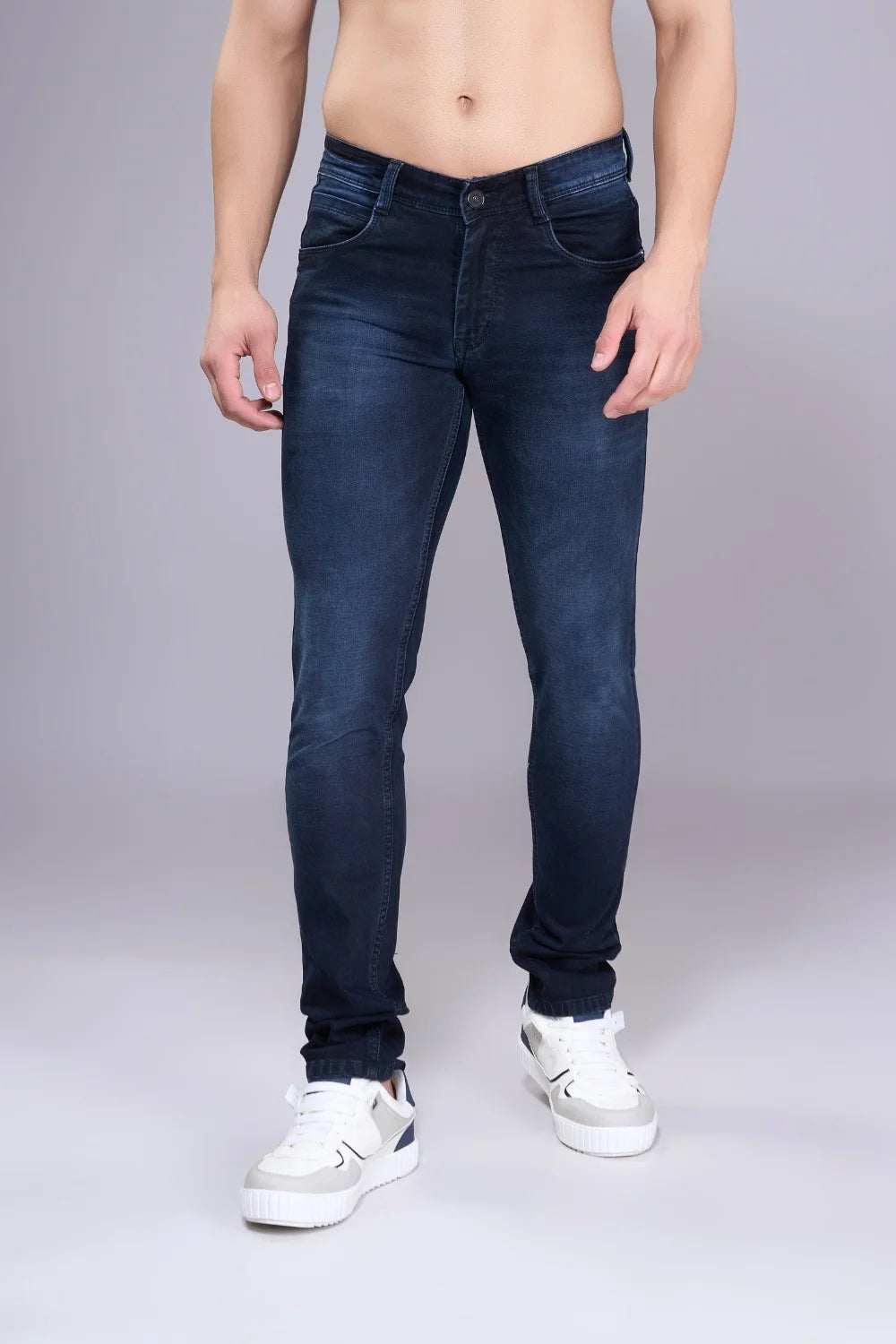 Men’s blue regular fit jeans front view – classic straight fit denim for daily wear.
