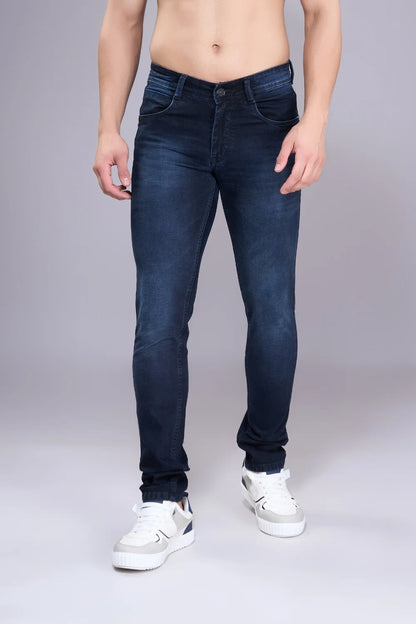 Men’s blue regular fit jeans front view – classic straight fit denim for daily wear.
