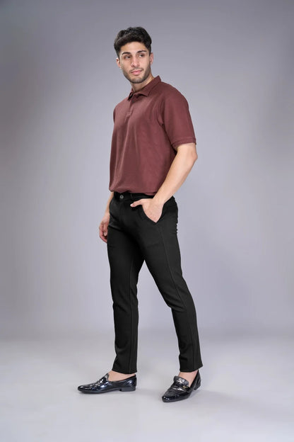 Men’s charcoal stretch trousers featuring adaptive movement