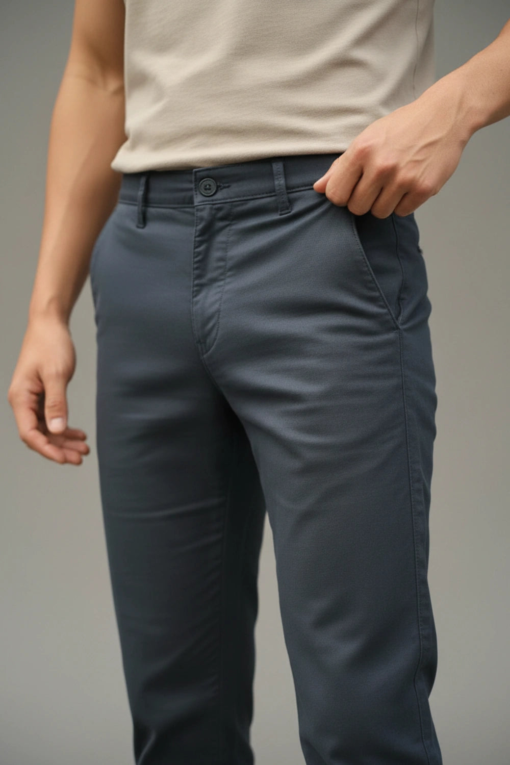 Close-up shot of the dark blue cotton pants