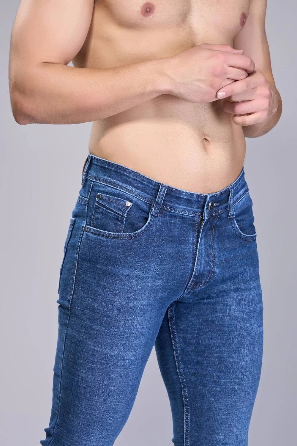 Close look at soft stretch denim weave and comfortable hand-feel
