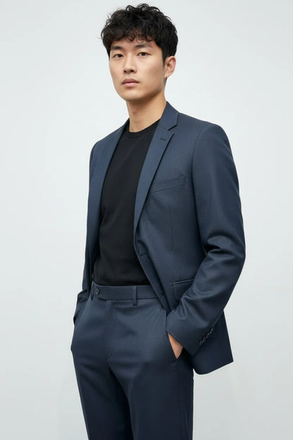 Styling suggestions: navy and mid-blue trousers with blazers and shirts
