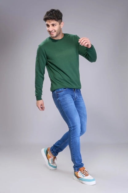 Side angle view of men’s navy blue regular fit denim jeans
