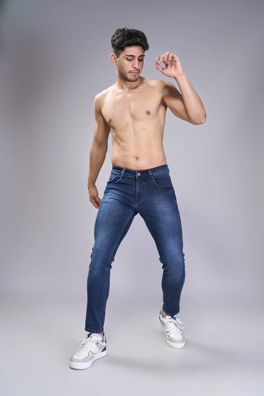 Fabric texture closeup of Oxford Blue boys ankle jeans
