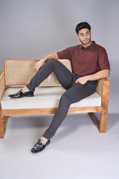 Performance-knit grey trousers offering soft stretch and shape retention
