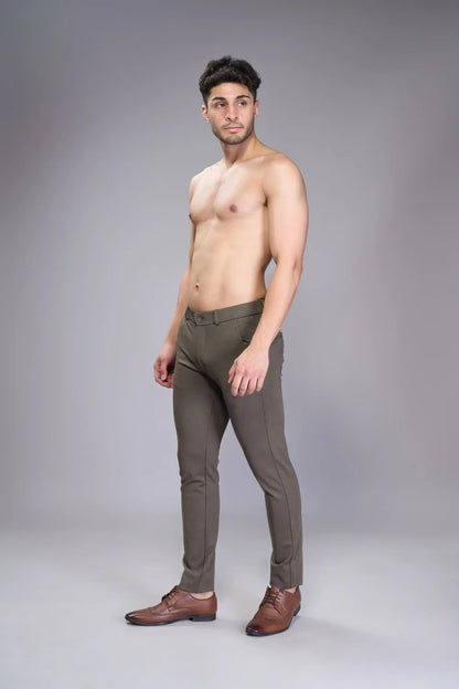 Performance-weave beige trousers offering structure and soft stretch
