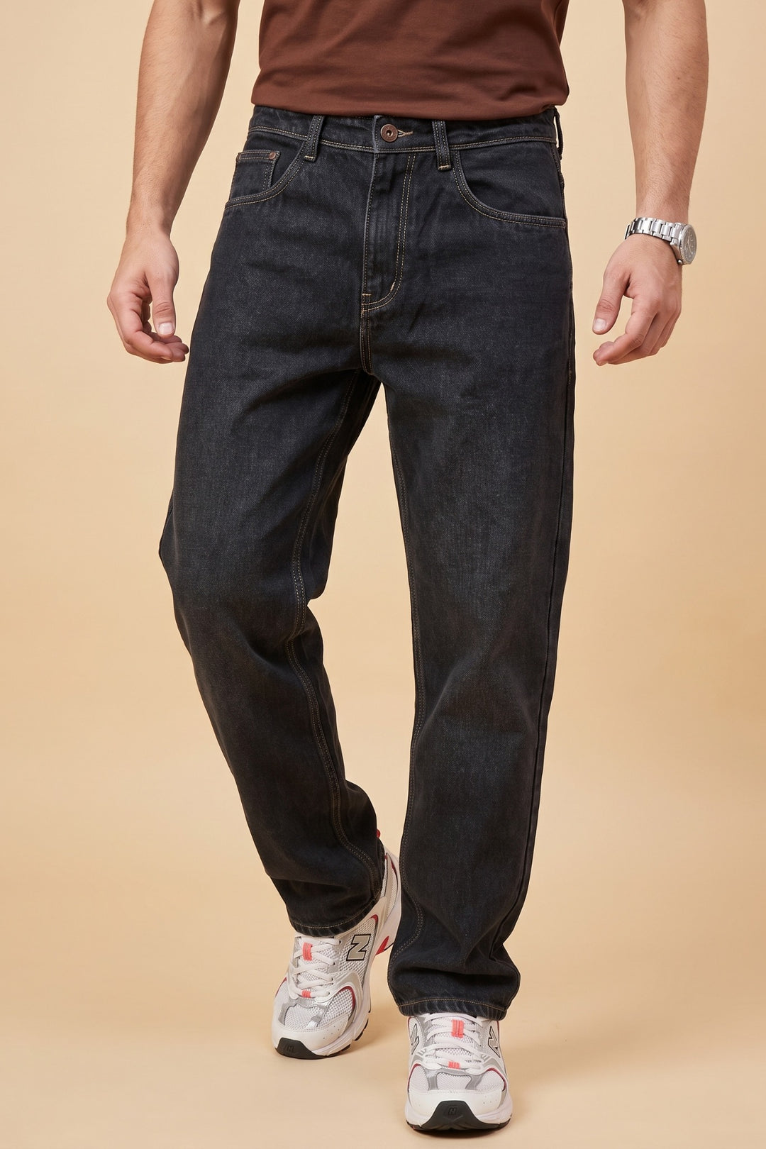 Pointer men's washed black loose fit jeans, full front view