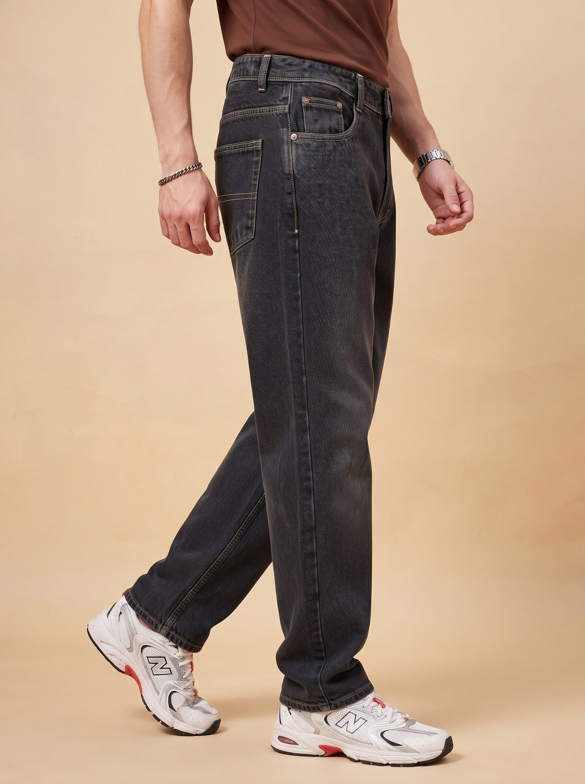 Side view of Pointer men's washed black loose fit jeans