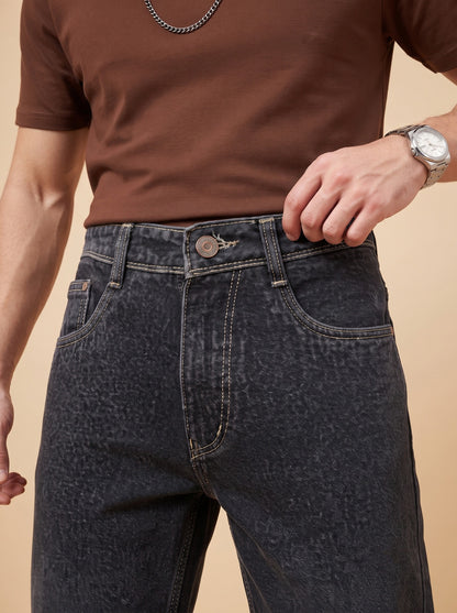 Black denim waistband, metal button, belt loops and contrast stitching