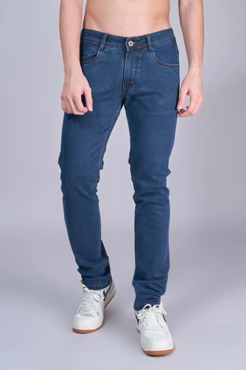 Front-focused shot of indigo jeans highlighting stretch denim
