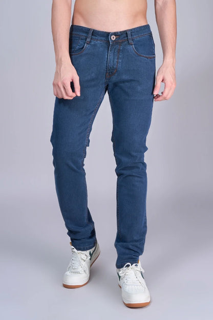 Front-focused shot of indigo jeans highlighting stretch denim
