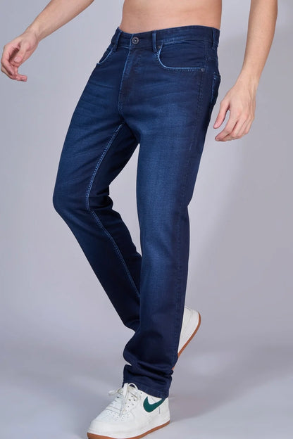 Close-up of stretchable dark blue colour denim fabric