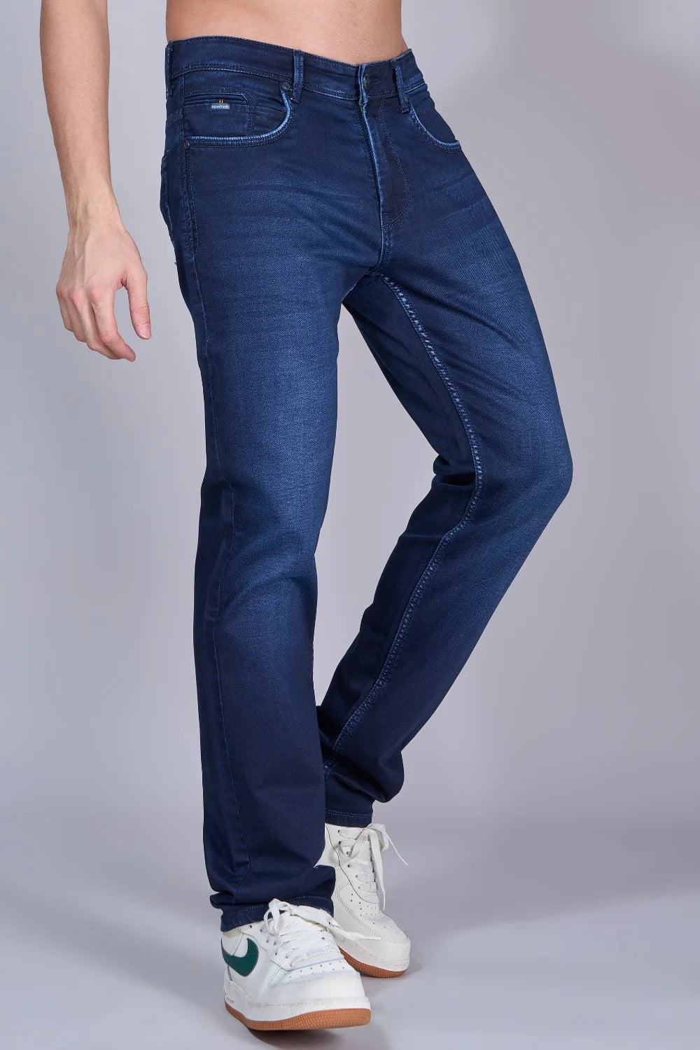 Side profile of Pointer Jeans dark blue colour denim straight fit
