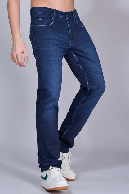 Side profile of Pointer Jeans dark blue colour denim straight fit
