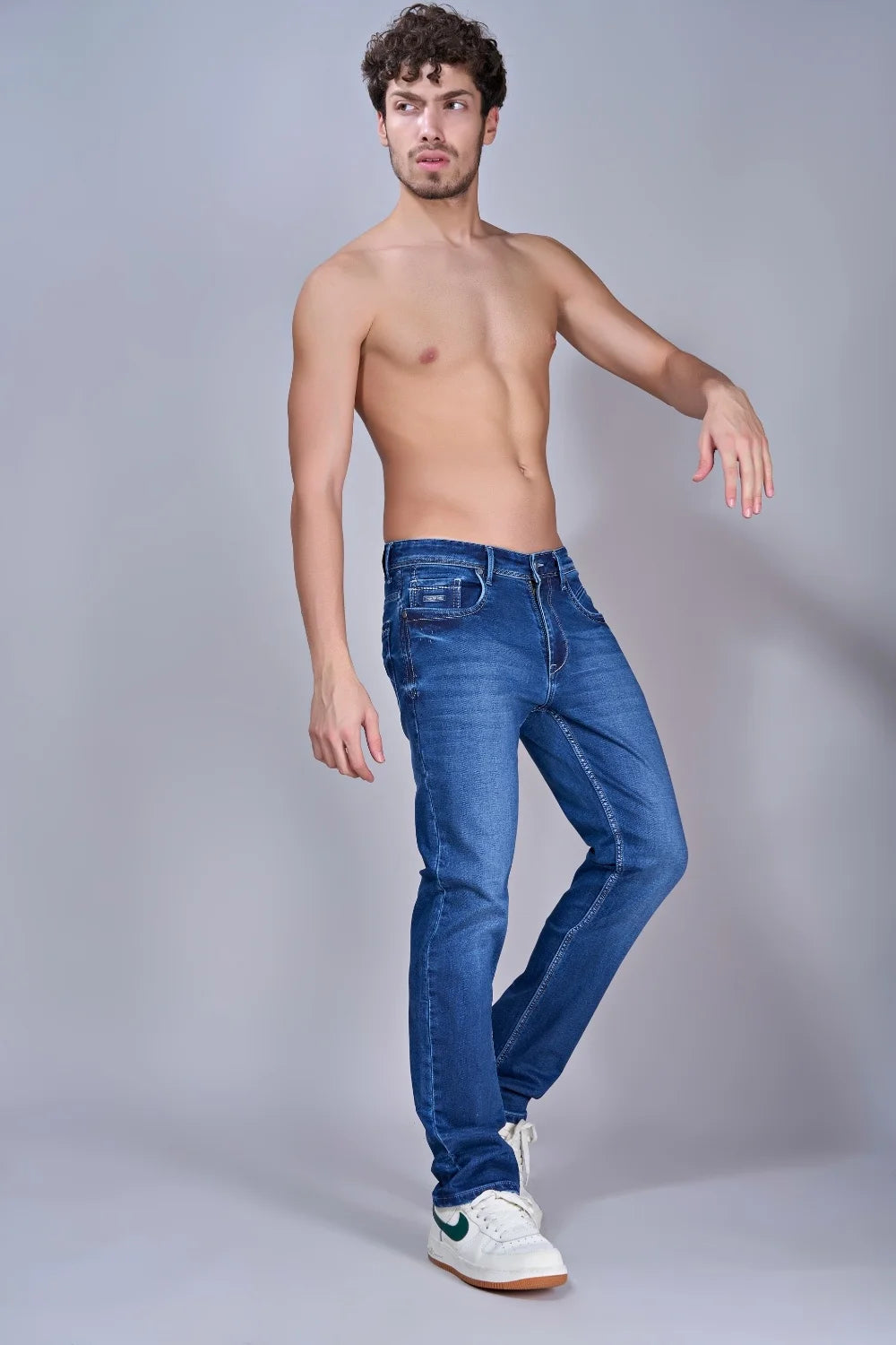 Side profile of Pointer Jeans faded blue denim straight fit