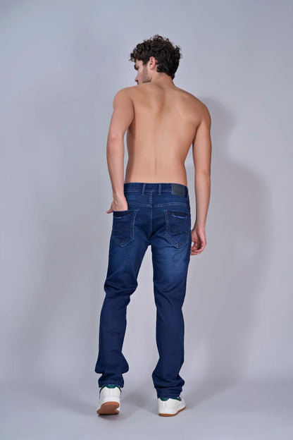 Back view of men’s royal blue straight fit jeans