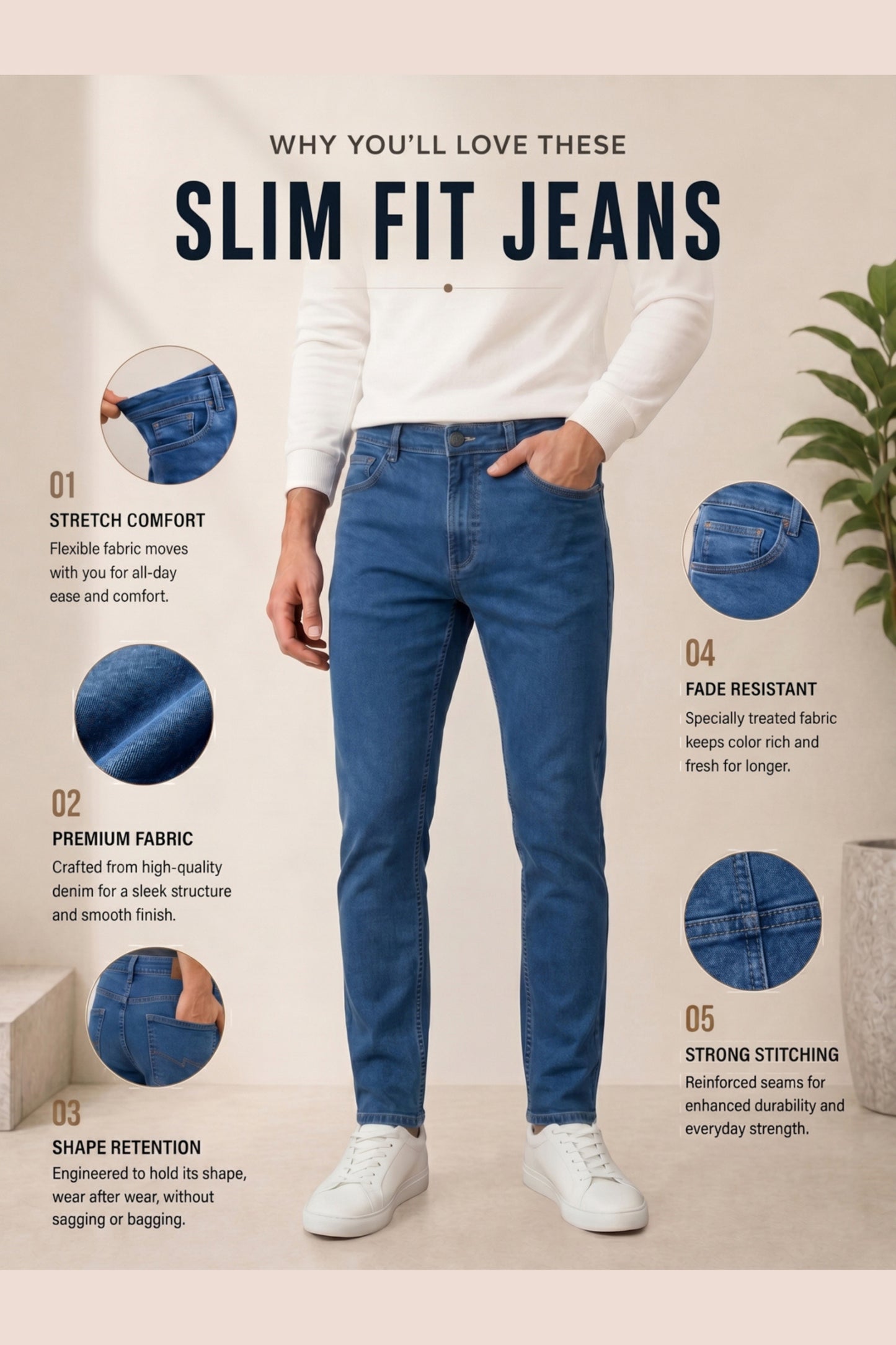 Men Light Blue slim Fit Stretchable Cotton Jeans