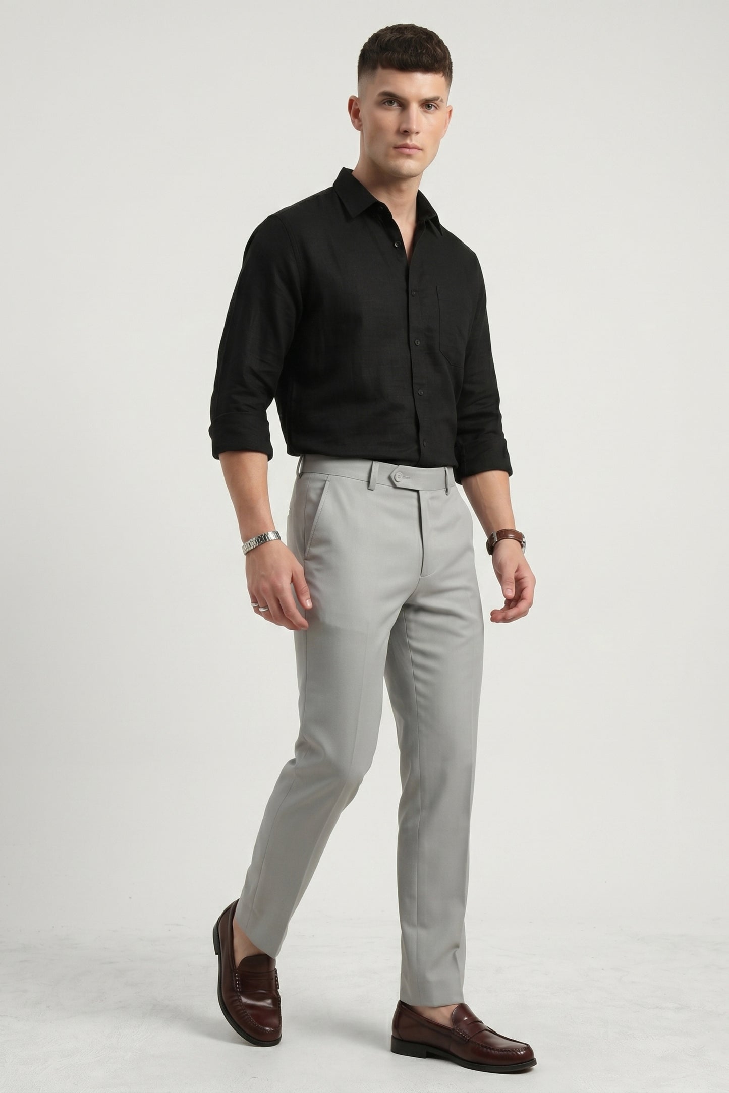 Men light grey textured Slim Fit Formal Pants