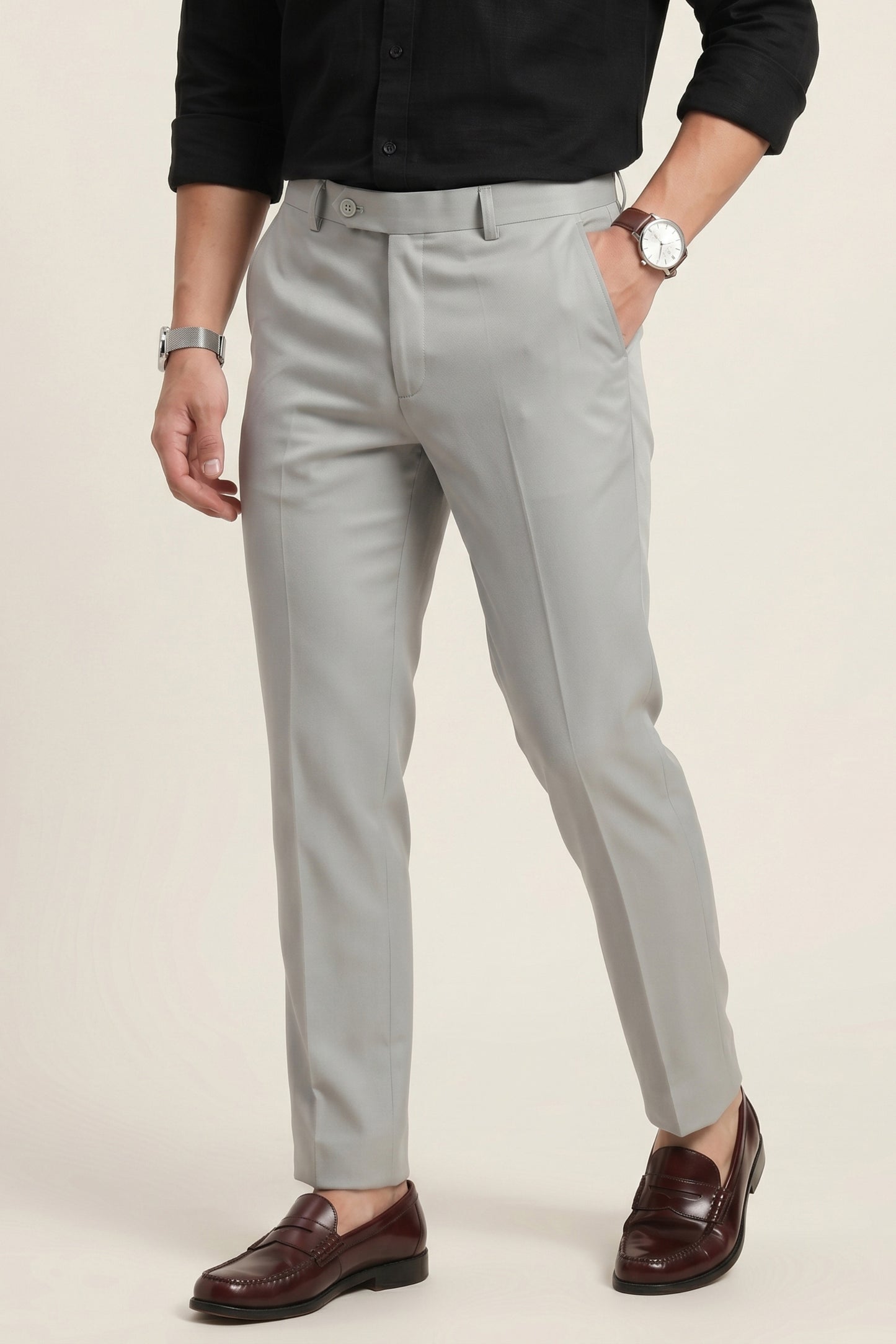 Men light grey textured Slim Fit Formal Pants