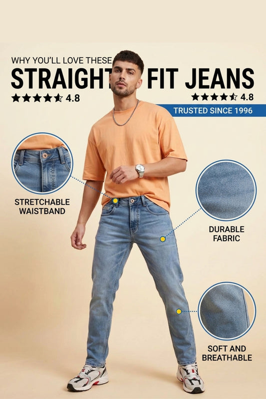 Light Blue Straight Fit Jeans for Men – Stretch Denim