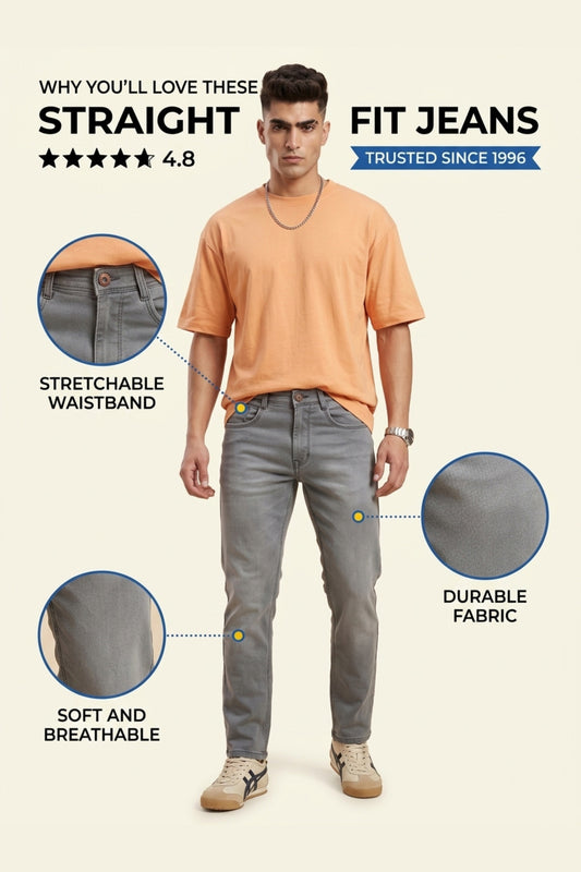 Ash Grey Straight Fit Jeans for Men – Stretch Denim