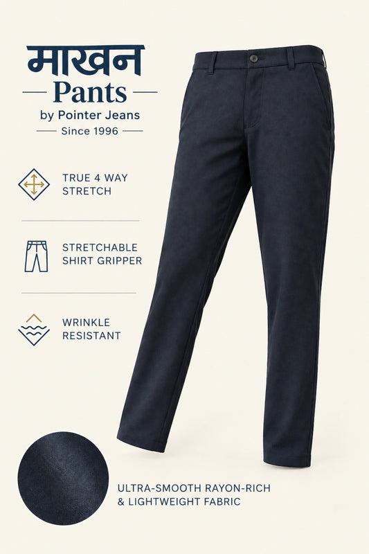 Jet black Makhan stretch pants for men by Pointer Jeans