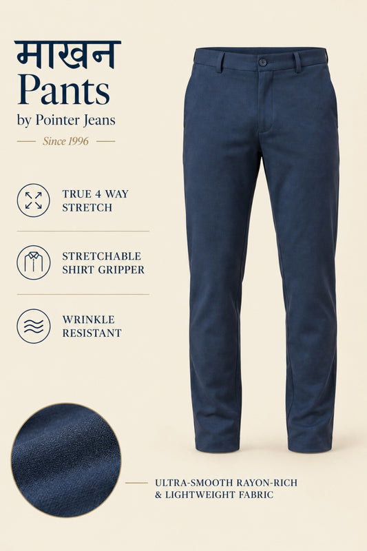 Navy blue Makhan stretch pants for men by Pointer Jeans
