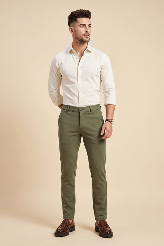 Olive green Makhan stretch pants for men by Pointer Jeans, alternate view 1