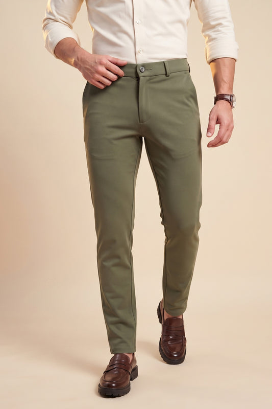 Olive green Makhan stretch pants for men by Pointer Jeans