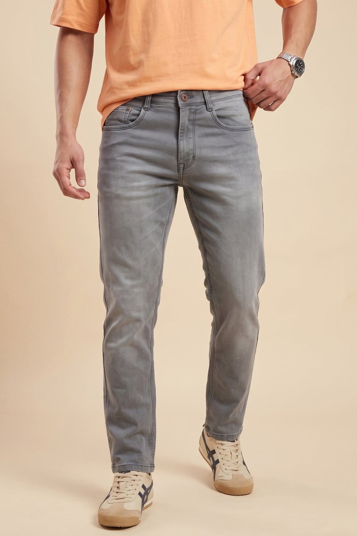 Men's ash grey straight fit stretch jeans by Pointer Jeans