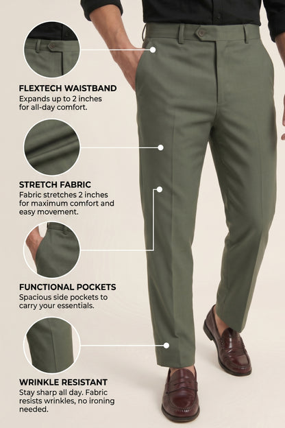 Green Slim Fit Formal Pants for Men – Wrinkle-Resistant – front product view