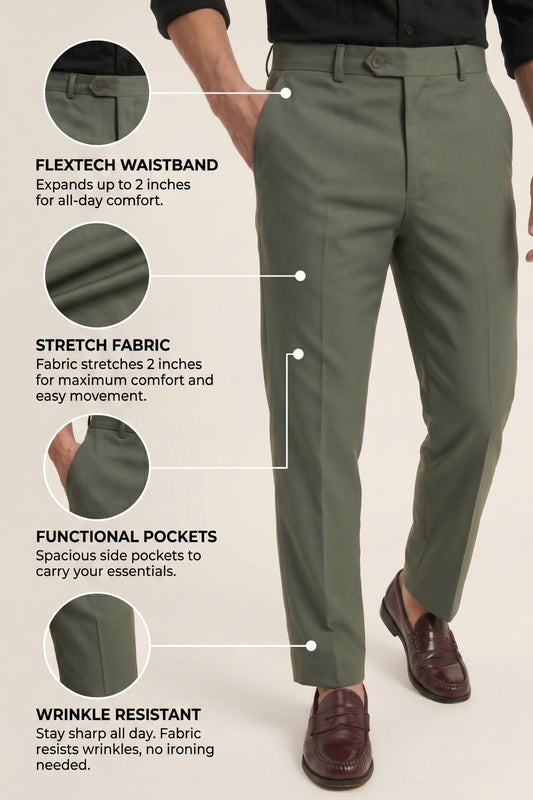 Green Slim Fit Formal Pants for Men – Wrinkle-Resistant