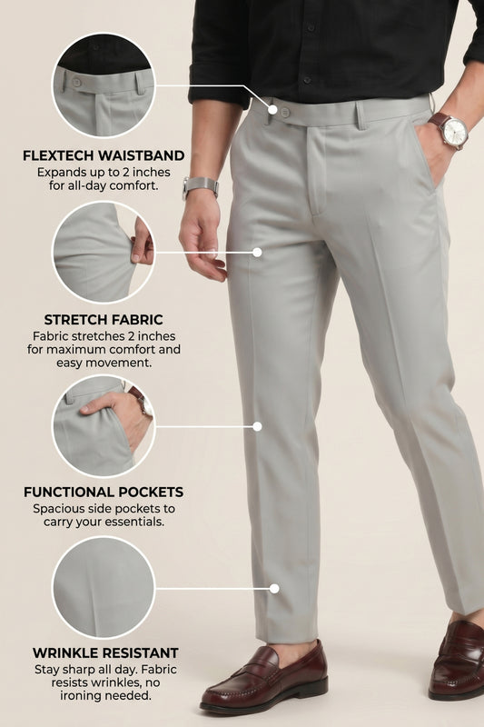 Men light grey textured Slim Fit Formal Pants