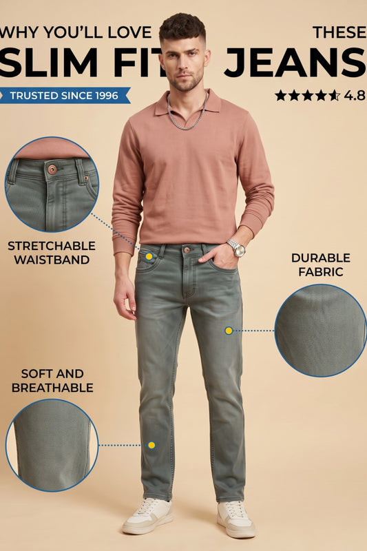 Men's sage grey slim fit stretch jeans by Pointer Jeans, alternate view 1