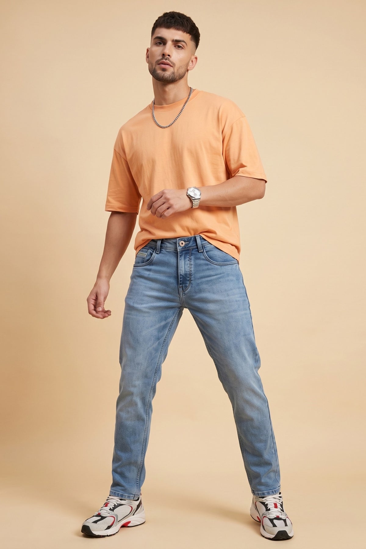 Men's mid blue washed slim fit jeans by Pointer Jeans, alternate view 2
