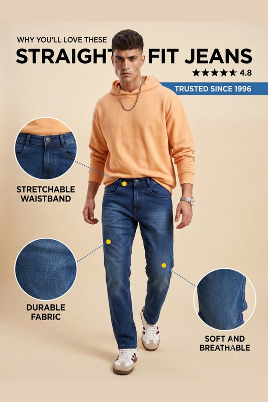 Deep Indigo Straight Fit Jeans for Men – Stretch Denim
