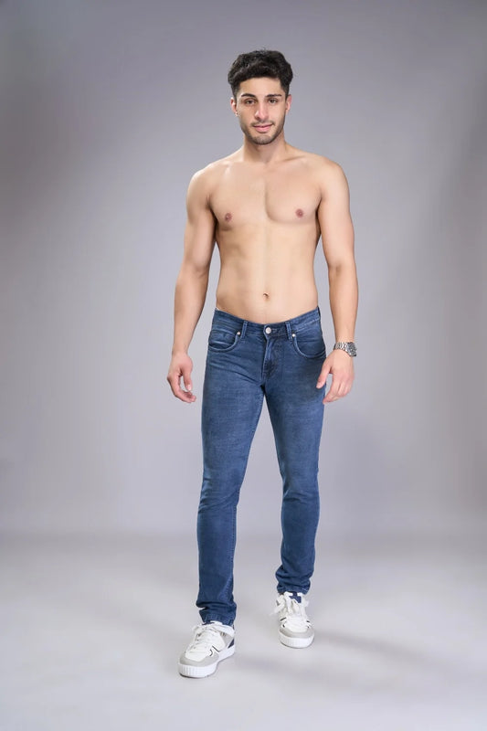 Front look of men’s premium blue denim jeans in comfortable regular fit
