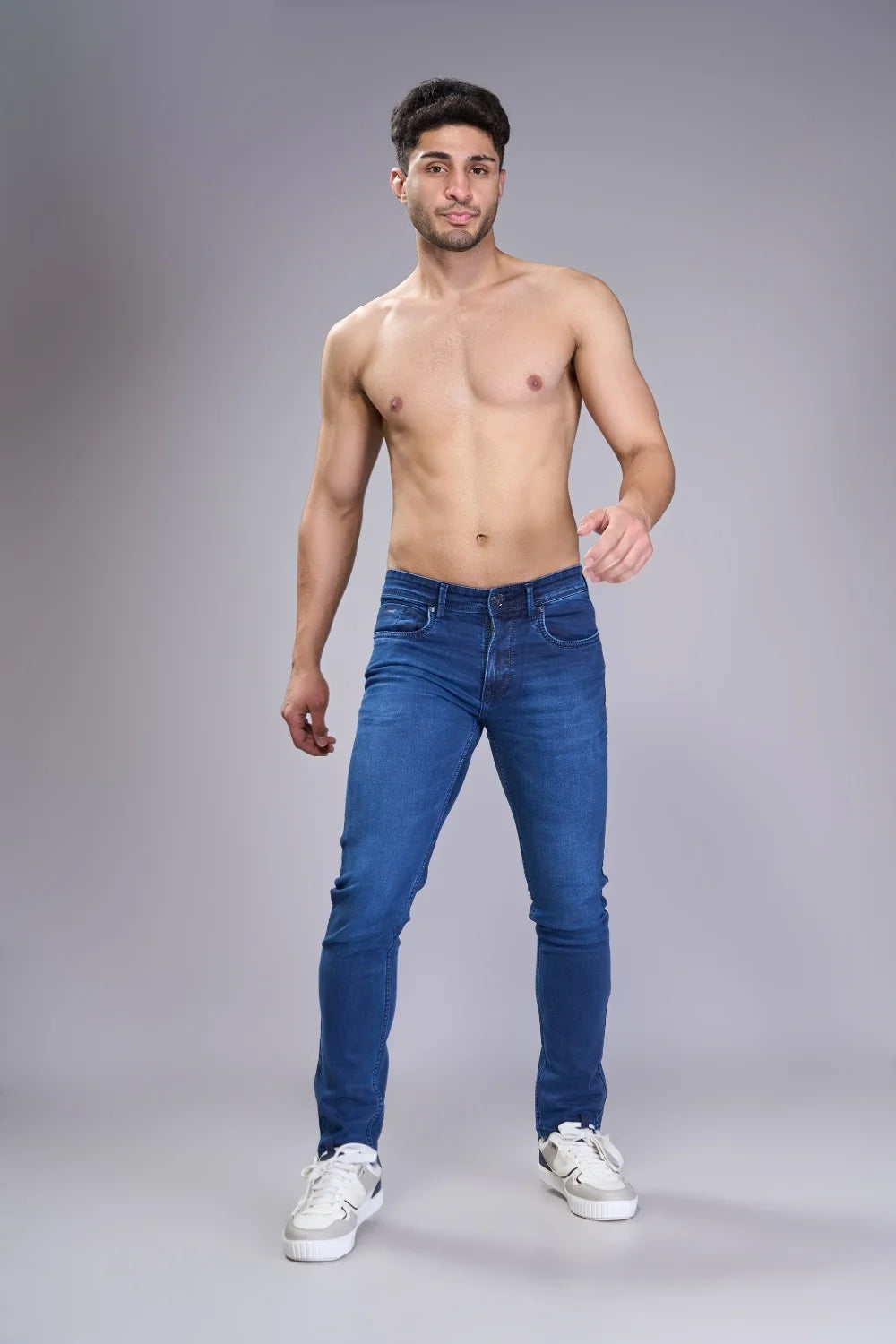 Premium blue denim regular fit jeans with straight silhouette
