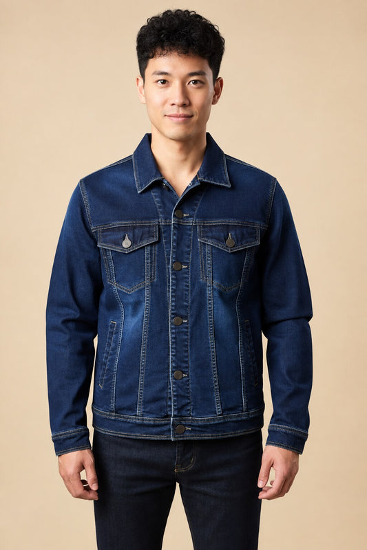 Premium denim jacket for men on warm beige studio background