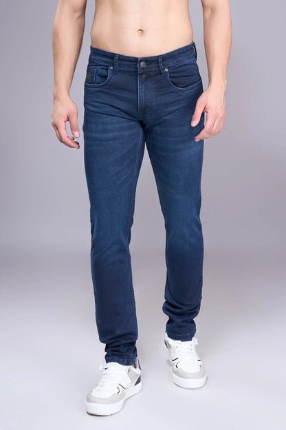 Front view of regular jeans for men in classic blue denim
