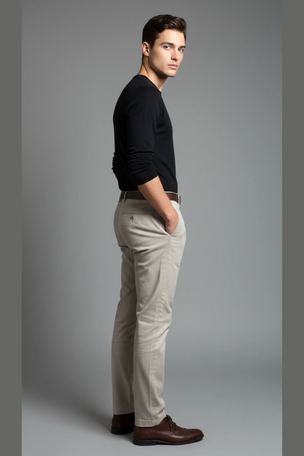 Full body shot showing the side of the grey pant over black full tshirt