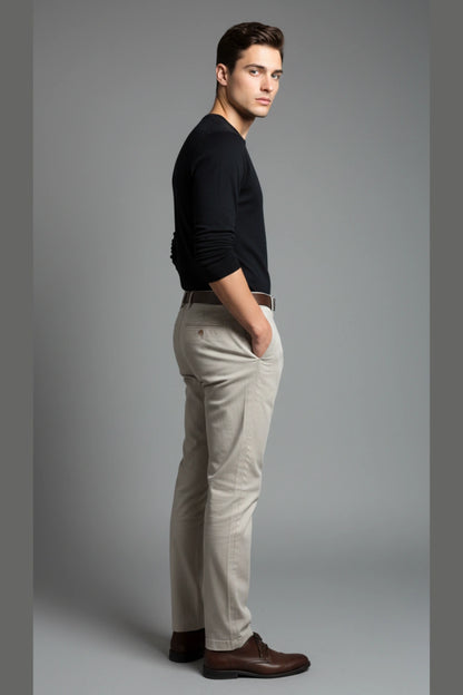 Full body shot showing the side of the grey pant over black full tshirt