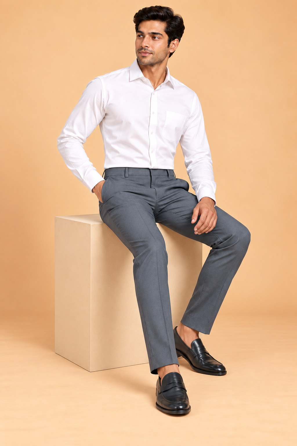 Steel grey slim fit formal pants for men 4435-C – seated view