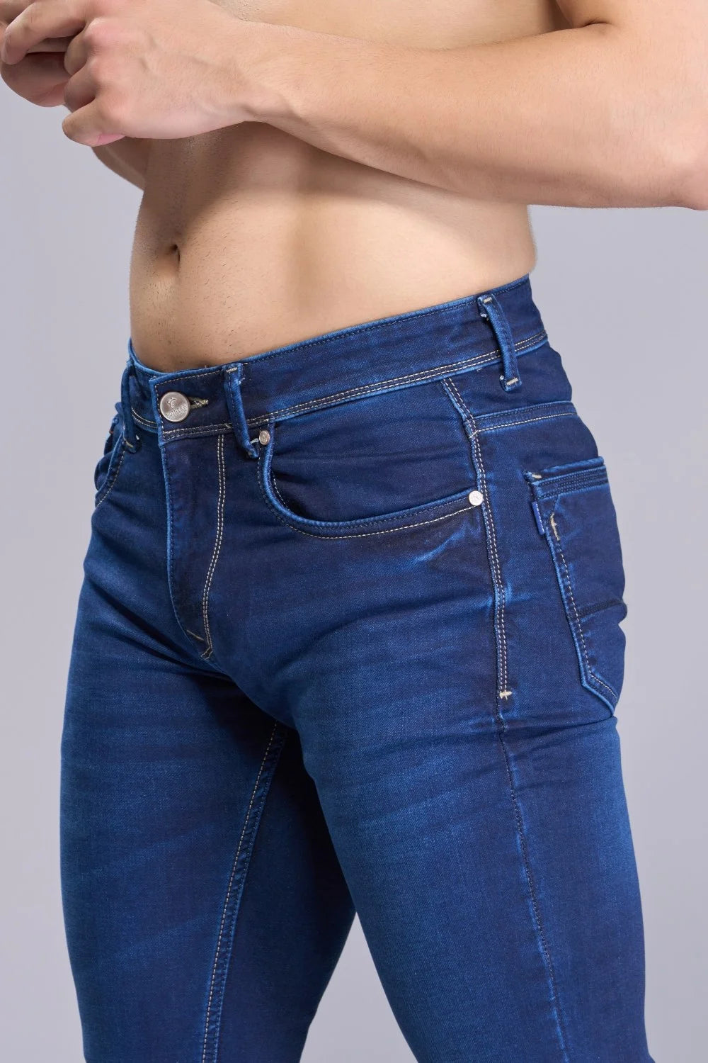 Close-up of stretchable regular fit denim fabric
