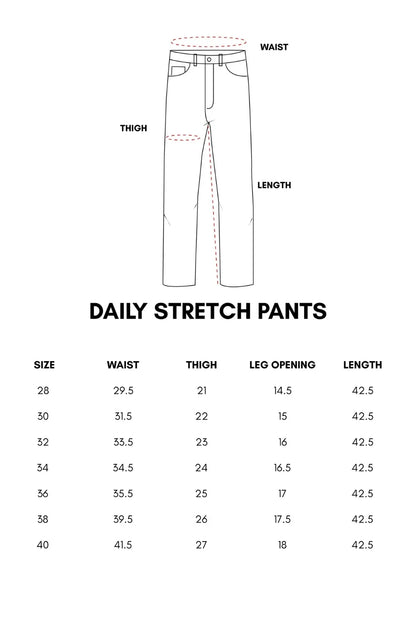 Size chart showing waist, thigh, leg opening and full length measurements