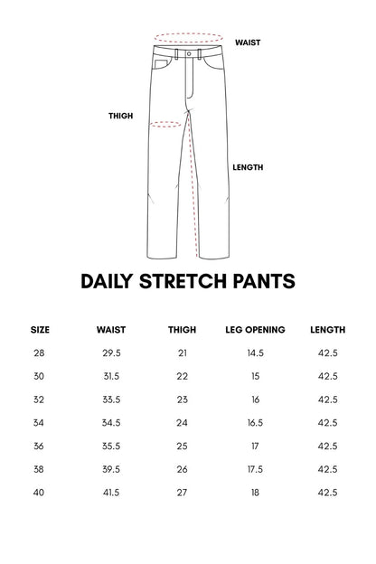 Size chart showing waist, thigh, leg opening and inseam measurements