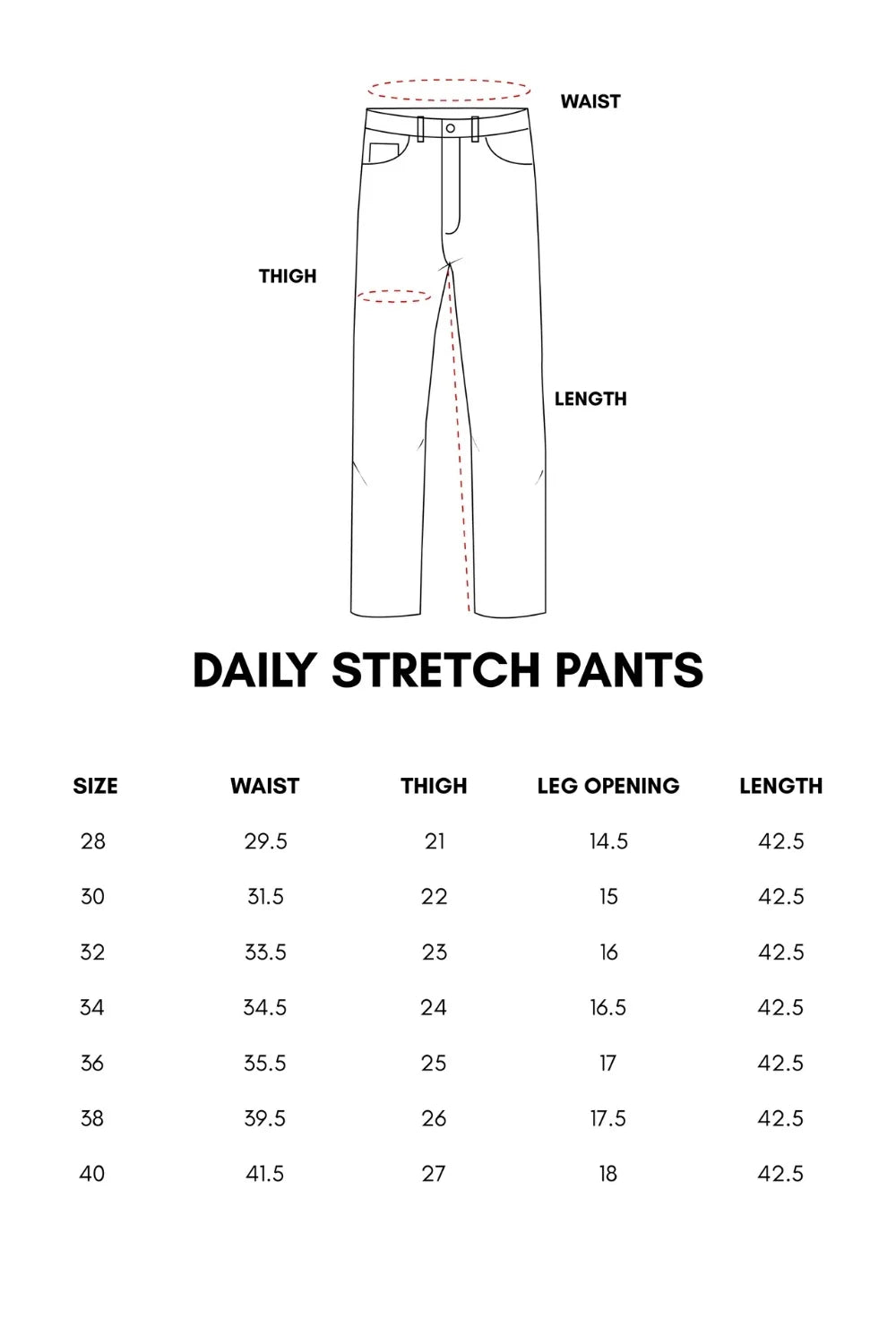 Size chart with waist, thigh, leg opening and length for accurate fit