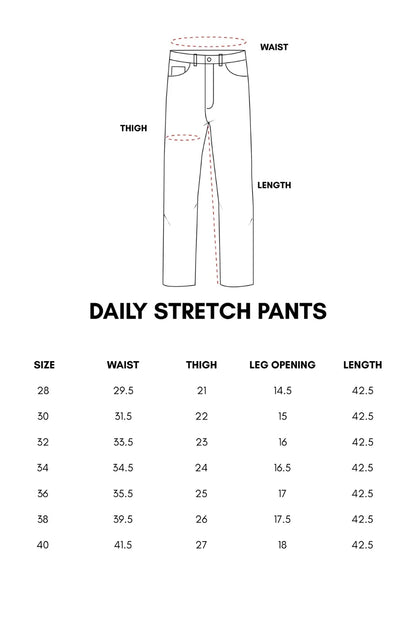 Size chart with waist, thigh, leg opening and length for accurate fit